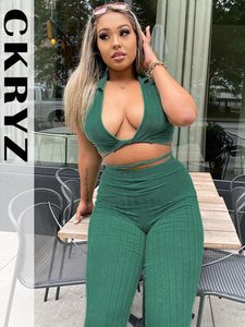 Tweede stuk broek dames dames zomermode 2 stuks korte mouw vneck crop top en flare pant set dames sportieve vakantie club streetwear y2k kleding 230815