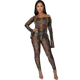 Dames tweedelige broek Lady Bodysuit Lange set Women Jumpsuits Outfits Sexy Romper Sleeve Slash Neck Rompers Playsuits Snake Skin Printwomen