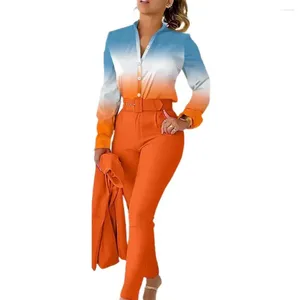 Pantalon de deux pièces pour femmes Lady Print Blouse Set Top à simple boutonnage élégant costume de chemise 2 pièces avec col montant Cardigan haut pour les femmes