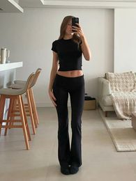 Pantalon de deux pièces pour femmes Lairauiy 2 pièces Y2K Vintage rétro long ensemble slim à manches courtes col rond T-shirt taille basse tenues d'été