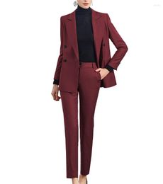 Pantalon de deux pièces pour femmes Lansboter Bourgogne Femmes Costume 2 Office Lady Business Set Travail Solide Slim Fit Veste de mode avec