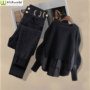 Tweedelige broek voor dames grote lente en herfstpak Koreaans mode nep tweedelig shirt top slanke casual jeans set 221130