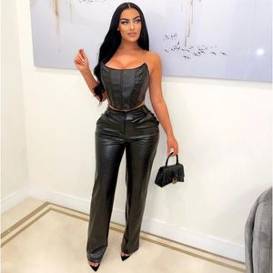 Tweede stuk broek Leather 2 Sets voor dames Dames Outfit 2024 Mouwloze ritssluiting Strapless Crop Top en Wide Leg Pak Birthday Night Club Outfits