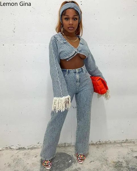 Pantalon de deux pièces pour femmes Lemon Gina Fashion Denim Set Gland à manches longues Crop Jean Vestes et avec écharpe 2024 2piecesetoutfittracksuit