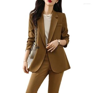 Pantalon deux pièces pour femmes Lenshin 2 ensembles tenues d'hiver pour femmes solide col cranté bureau d'affaires dames vêtements de travail marron Blazer et pantalon costume