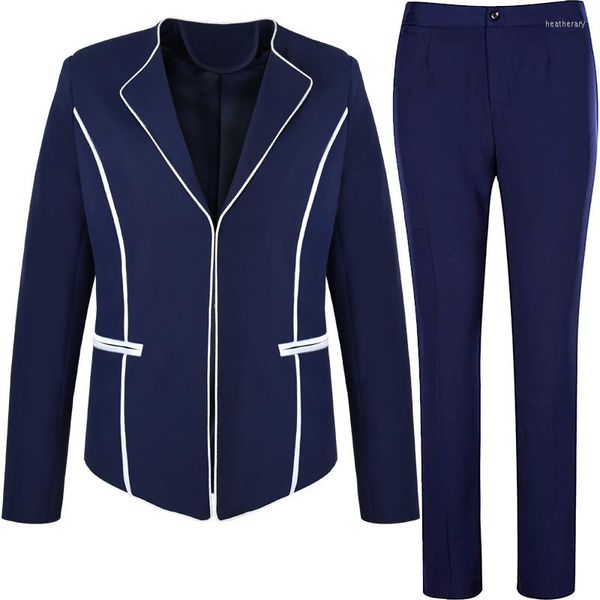 Pantalones de dos piezas para mujer Lenshin, tela suave antiarrugas, botón oculto, encuadernación en contraste, traje de pantalón azul marino, conjunto de dos piezas, moda para mujer