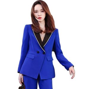 Pantalones de dos piezas para mujer Lenshin Alta calidad 2 Set Contraste Pantalón formal Traje Blazer Office Lady Uniform Designs Mujeres Chaqueta de negocios y TR