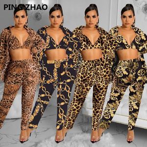 Pantalon deux pièces femme imprimé chaîne léopard 3 ensembles soutien-gorge haut chemise à manches longues manteau et mode Sexy automne vêtements costumes