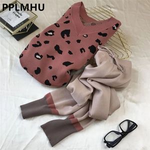 Conjuntos de 2 peças de calças femininas com estampa de leopardo e 2 peças para mulheres, suéter casual solto com decote em V, pulôveres e calças de harém de cores contrastantes, terno 230209