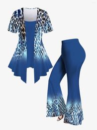Pantalon deux pièces pour femmes imprimé léopard 2 en 1, t-shirt ou évasé, tenue grande taille, streetwear d'été, ensemble assorti décontracté, haut et bas XS-6X