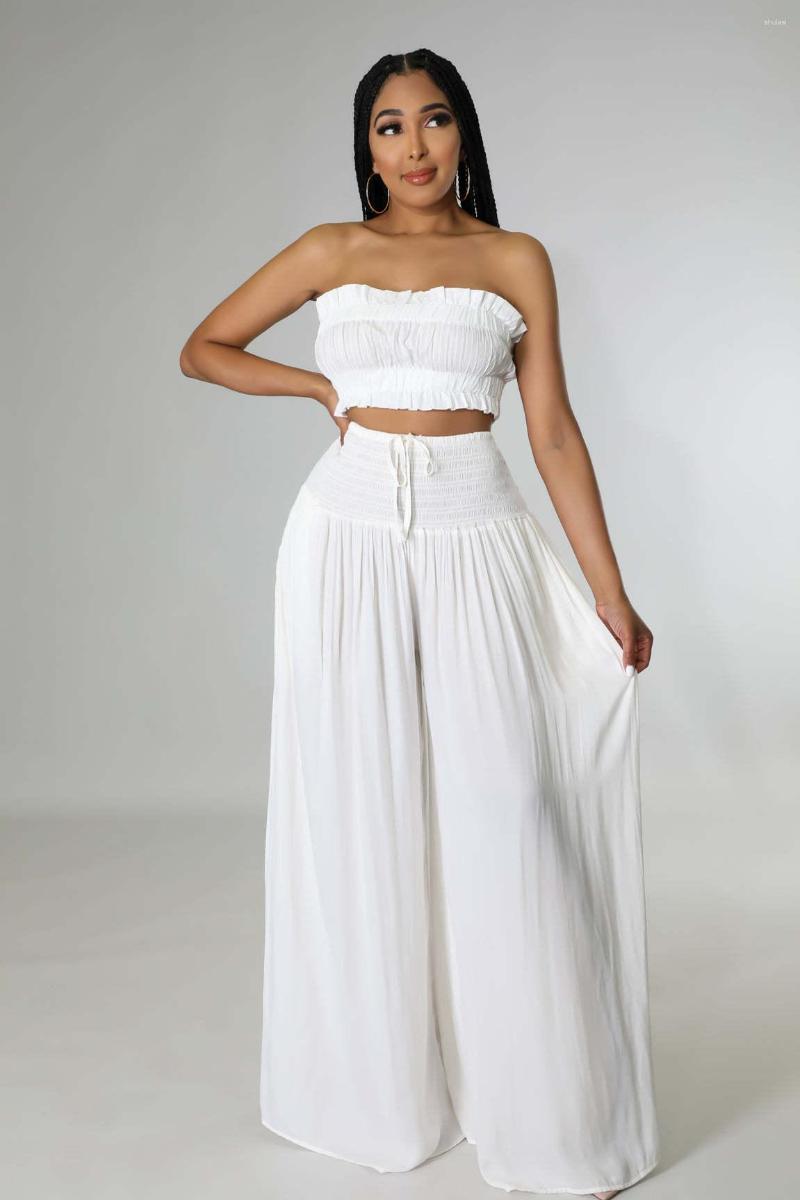 Women's Two Piece Pants LFRVZ 2023 INS White High-end Sweet Young Sexy Holiday Chiffon Strapless Sleeveless Long Wide Leg Women 2 Set