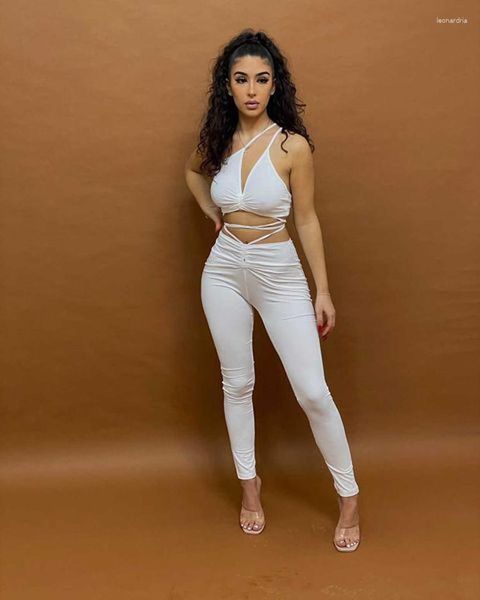 Pantalon deux pièces femme LFRVZ 2023 Designer de luxe Sexy blanc adapté jeune haut de Bikini taille haute Long crayon femmes maigres 2 ensemble