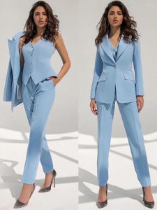 Pantalon deux pièces pour femmes, bleu clair, costume de bureau, élégant, Tuxedos, costume pour dame, coupe cintrée, décontracté, ensemble 3 pièces, Blazer et gilet