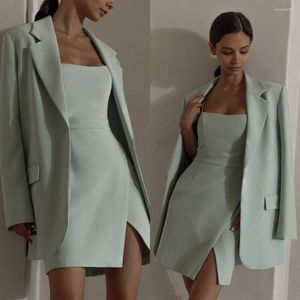 Pantalon Deux Pièces Femme Vert Clair 2 Pièces Moderne Femmes Costumes Blazer V Tube Top Robe Cuisse Longueur Travail Porter Mère De La Mariée Sur Mesure