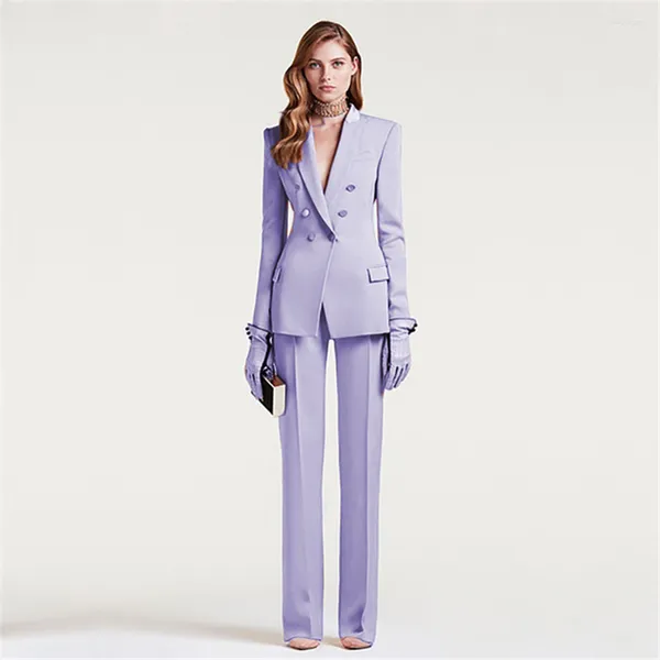 Pantalones de dos piezas para mujeres Ligeros Purple Purple Double Breaded Traje de negocios Femenino personalizado Fit Slim Straight Tuxedos Party 2-PCS Sets
