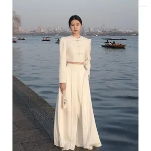 Tweedelige broek voor dames lnsozkdg est mode designer pak set vrouwen Chinese stijl nationale windspoel gesp blazer geplooDed los 2pcs