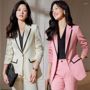 Tweedelige broek voor dames lange mouw mode temperament slanke roze bedrijfskleding beige abrikoos werk uniformen schoonheidsspecialiste groen pak
