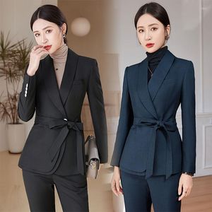 Tweedelige broek voor dames lange mouw solide kleur zwart modepak tweedelige set werk uniformen donkerblauwe zakelijke stof formele slijtage