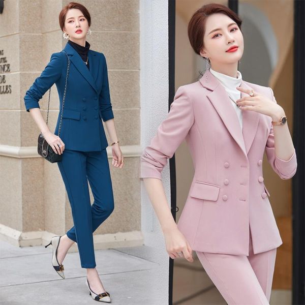 Pantalon deux pièces pour femmes à manches longues trois boutons mode Slim Fit Blazer pour femmes grande taille couleur unie noir uniformes de travail deux pièces S