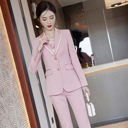 Pantalones de dos piezas para mujer, manga larga, dos botones, temperamento a la moda, ajustado, ropa de negocios rosa, uniformes de trabajo Beige, conjunto de dos piezas
