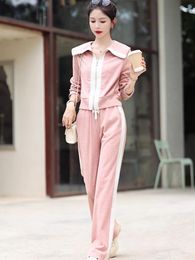 Frauen Zweiteilige Hosen Lange Sleeve Zipper Jacke Mantel Elastische Taille Breite Bein Hosen Sport Casual Anzüge Koreanische Mode herbst 2023