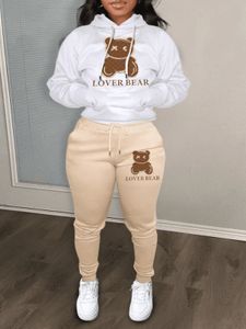 Pantalon deux pièces pour femme LW Lovely Bear Letter Print Ensemble de survêtement à poche kangourou Sweat à capuche à manches longues avec cordon de serrage Pièces de pantalon assorties 230704