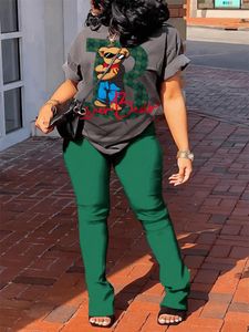 Pantalon de deux pièces pour femmes LW Pièces multicolores Lover Bear Lettre de dessin animé imprimé à manches courtes T-shirt à col rond Ensemble vert