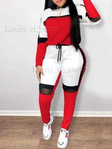 Tweedelige broek voor dames LW Plus Size dames tweedelig kleurlont tracksuit broek set patchwork sportieve lange mouw conventionele kraag herfst outfits T240228