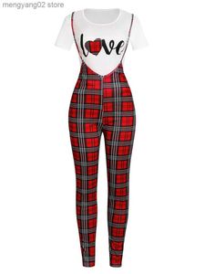 Dames tweedelige broek LW Women Love Plaid Letter Print Algemene set shirt met korte mouwen+schede overalls matching outfits T230504