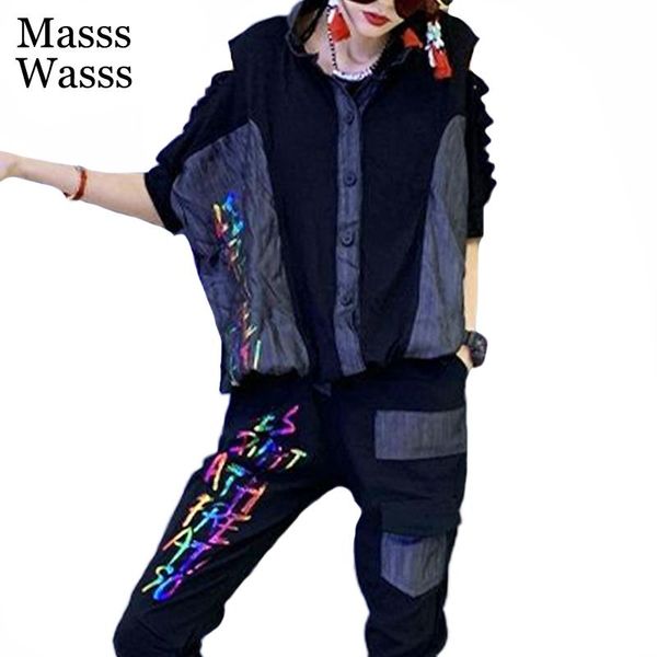 Pantalon deux pièces pour femmes Masss Wasss British Design 2023 Tenues Femmes Style Punk Noir Pièces Ensembles Dames Trous Tops Et Lâche Harem Big Siz