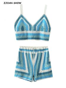 Tweedelige broekpassen bij dames bijpassende set boho geometrische hand haakpak bijgesneden tanks v nek camis zomer corset high taille strand shorts 230206