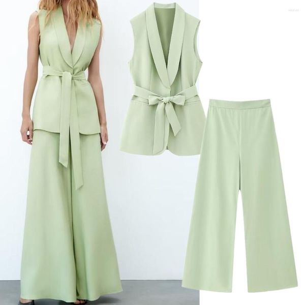 Pantalones de dos piezas para mujer Maxdutti 2023, moda francesa, conjuntos de piezas de oficina para mujer, traje verde claro de cintura alta, chaleco de pierna ancha para mujer