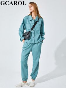 Pantalons de deux pièces pour femmes Survêtements pour hommes GCAROL Survêtements pour femmes Veste et pantalon en velours à épaules tombantes Manteau surdimensionné à simple boutonnage Taille élastique Salopette Cargo