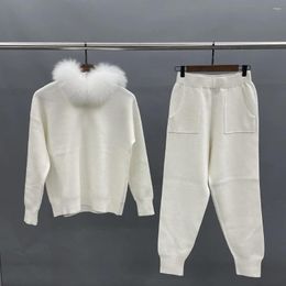 Pantalon de deux pièces à deux pièces Menina Bonita 2023 Suite pour femmes Fashion Fashion Casual Lounge Set à sweat à sweat en vrac solide en tricot avec un vrai col en fourrure