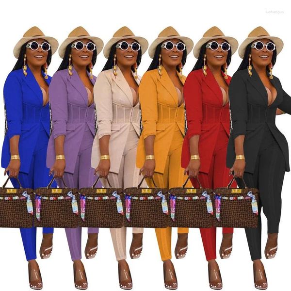 Pantalon de deux pièces pour femmes Mesh Patchwork Femmes Chic Workwear Costume Bureau Lady Manches longues Blazer Manteau Top Crayon Ensemble élégant Uniformes de travail