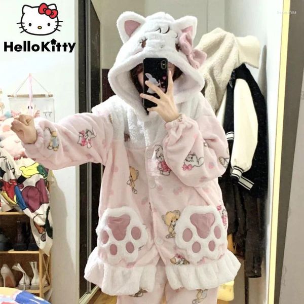 Pantalon de deux pièces pour femmes Miniso Cartoon Mikko Mignon Peluche Assortiment Ensemble Femmes Corail Polaire Rose Cardigan Top À Capuchon 2 Pyjamas Costume Y2K Vêtements