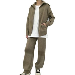 Femmes deux pièces pantalon vison cachemire femmes fermeture éclair col rabattu pull tricoté chaud laine pantalon loisirs 2 pièces ensemble costume haute qualité