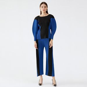 Pantalon deux pièces femme Miyak plissé Hit The Color 2 Set femmes printemps manches longues ample T-shirt haut taille haute jambe large pantalon mode vêtements