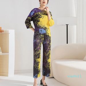 Pantalon deux pièces femme Miyake plissé ensembles 2023 printemps/été mode imprimé rond