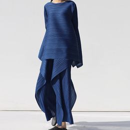 Miyake – ensemble deux pièces plissé pour femmes, t-shirt à manches longues, pantalon ample, vêtements décontractés de styliste Original, été