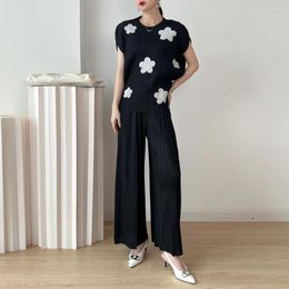 Vrouwen Tweedelige Broek Miyake Zomer Losse Plus Size Wijde Pijpen Dames Set Mode Veelzijdig Koreaans Gedrukt T-shirt