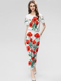 Tweedelige broek voor dames moaayina modepak zomerontwerper dames korte mouw bloemen printen kristallen topbroeken 2 stuks set