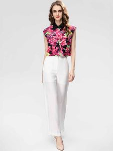 Pantalones de dos piezas para mujer MoaaYina Traje de diseñador de moda Estampado de flores de verano Camisa sin mangas con cuello vuelto y conjunto de pantalones blancos