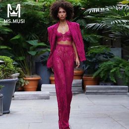 Dames tweedelige broek MSMUSI 2024 Fashion Women Sexy Lace Mesh Three Set bodycon Party Long Sleeve Blazer Top Brah Bra Pant Suit