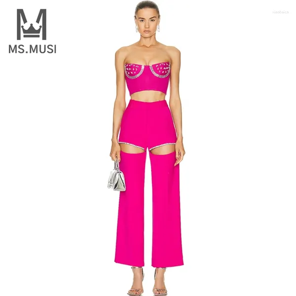 Pantalones de dos piezas para mujeres Msmusi 2024 Fashion Women Sexy Diamond Crystal Sequins Juego de vendaje sin tirantes