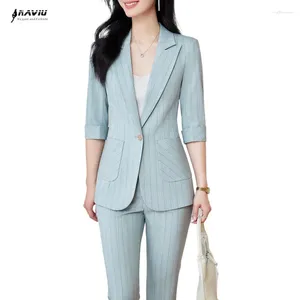 Pantalon de deux pièces pour femmes Naviu Blue Stripe Suits sets 2024 Printemps Summer Professional Malf à manches Blazer and Flare Office Ladies Work Wear