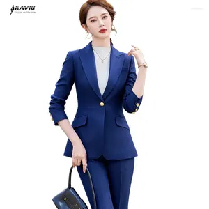 Dames tweedelige broek Naviu Navy Blue Women Suits Office Sets Fashion Long Sleeve Slim Single Button Blazers Casual High Taille Flare