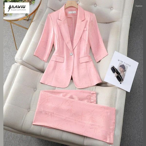Pantalones de dos piezas para mujeres Sets de verano Naviu para mujeres 2 blazer de media manga y traje de piernas ancho elegante elegante atuendo de negocios rosa