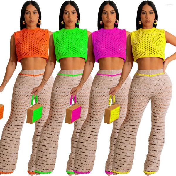 Pantalon deux pièces femme couleur néon Crochet femmes ensemble jambe large col long et rond débardeurs courts 2 vacances Streetwear costumes tricotés