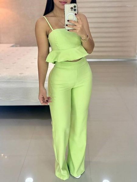 Pantalon deux pièces pour femmes vert fluo 2 ensemble tenues 2023 bretelles spaghetti volants ourlet haut court droit Extra Long pantalon Co Ord costumes